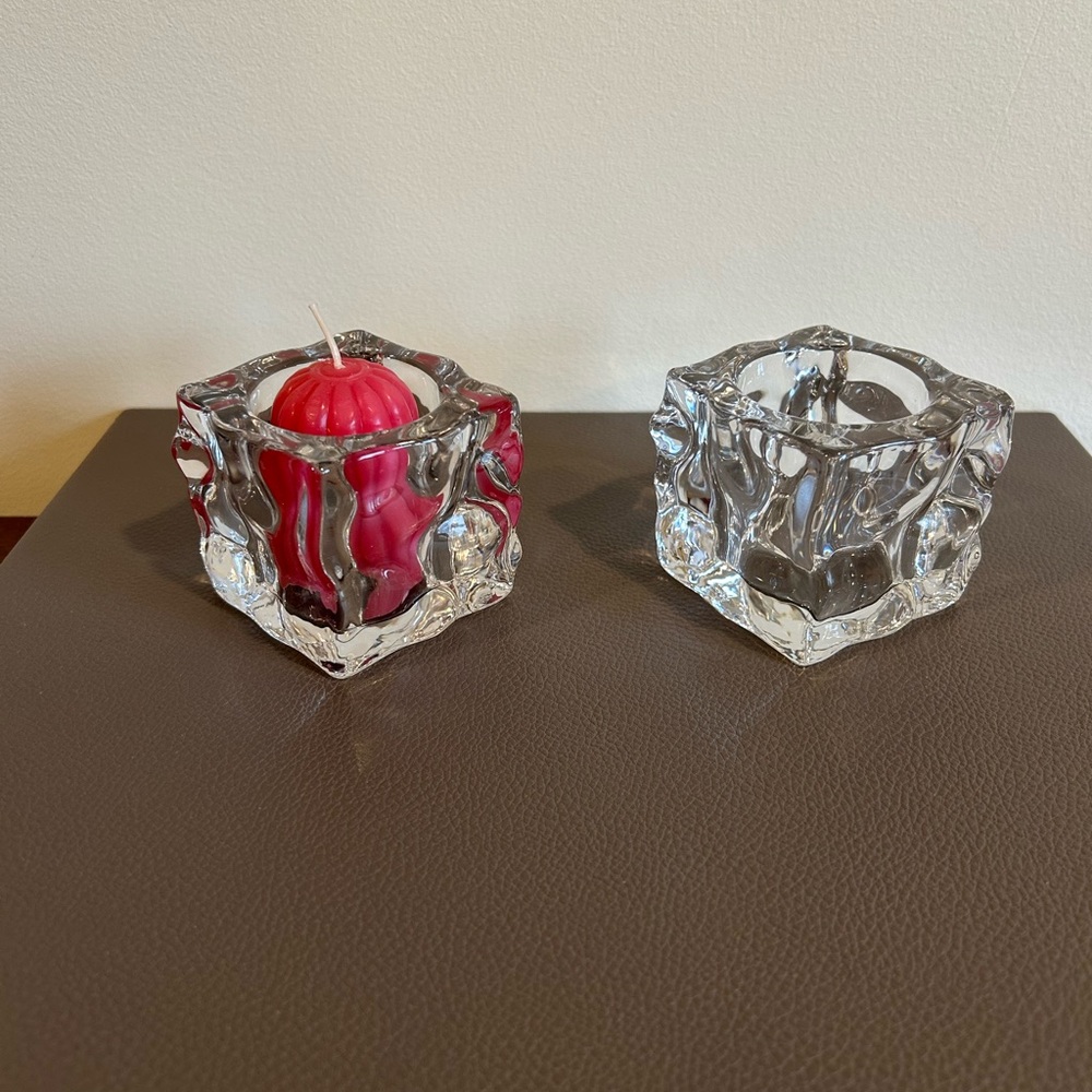PartyLite Glacier Ice Cube Clear Glass Candle Holders - Set of 2